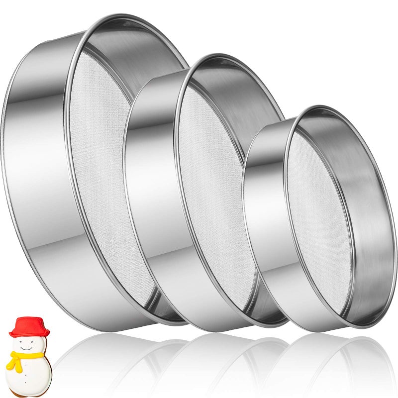 Patelai Patelai 3 Pcs Stainless Steel Round Flour Sifter Sieve Fine Mesh for Bake Decorate Cakes Pies Pastries Cupcakes 6 Inch and 8 Inch 60 Mesh7 Inch 40 Mesh 