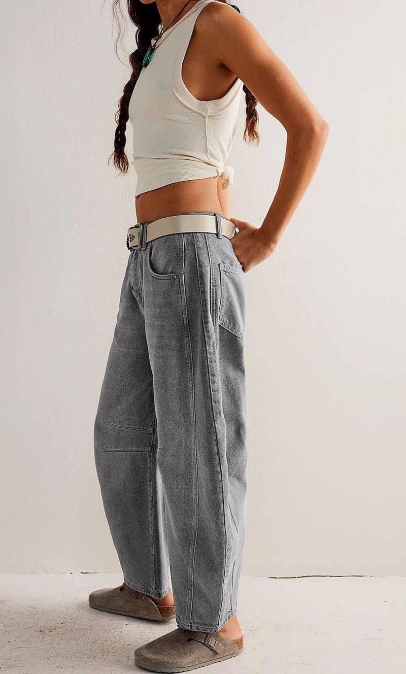 loveimgs Womens Stretchy Mid Rise Barrel Jeans Vintage Loose Wide Leg Cropped Denim Pants Y2k Baggy Boyfriend Jeans (Large,Grey) - Image 3