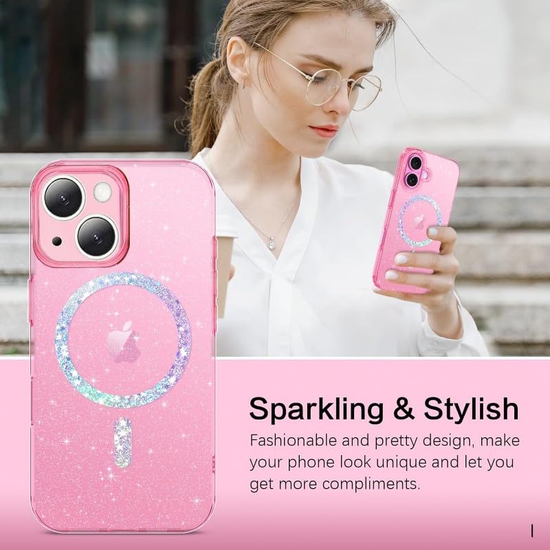 Mobistyle حافظة مغناطيسية لجهاز آيفون 15، حافظة آيفون 15 شفافة مع لمسة من الجليتر، متوافقة مع ماج-سيف، حافظة صدمية لامعة وجميلة للنساء والفتيات لجهاز آيفون 15، جليتر وردي ساخن - Image 4