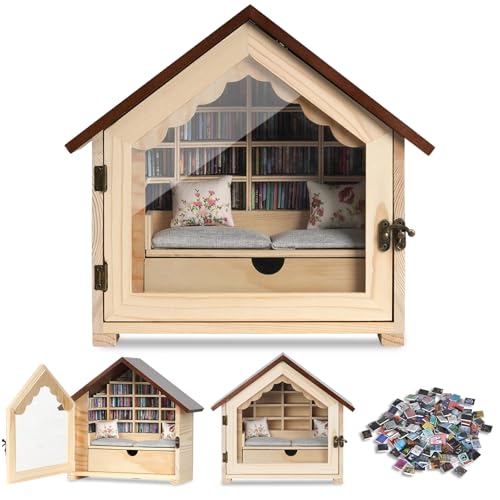 JAZUIHA Anxiety Bookshelf, 300 Pcs Mini Books Bookshelf Decor Display for Stress Relief and Fun Decor Mini Ornament Shake Away Your Anxiety Miniature Library Gifts for Book Lovers (Natural Wood) - Image 1