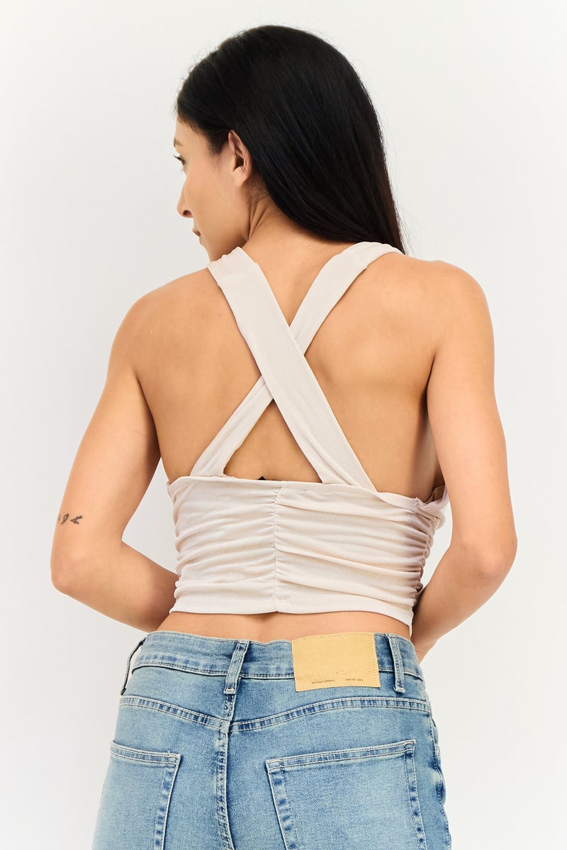 FOREVER 21 بلوزة نسائية بدون أكمام بتصميم هالتر، بيج - Image 3