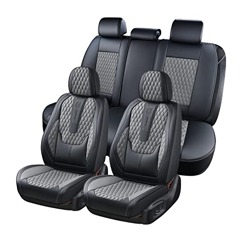 Coverado Car Seat Covers Full Set Nappa Leather Seat Covers for Car Waterproof Car Seat Protector with Lumbar Support Automotive Seat Covers Universal Fit for Most Cars SUV Trucks Gray