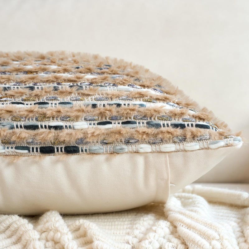 Aeckself Handmade Boho Chenille Tufted Pillow Cover 18x18 Inch, Decorative Square Throw Pillow Cover Neutral Pillowcase for Couch Bedroom Living Room, Brown Blue - Image 2