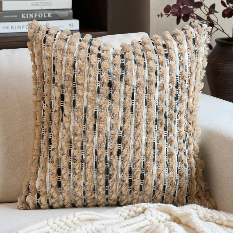 Aeckself Handmade Boho Chenille Tufted Pillow Cover 18x18 Inch, Decorative Square Throw Pillow Cover Neutral Pillowcase for Couch Bedroom Living Room, Brown Blue - Image 1