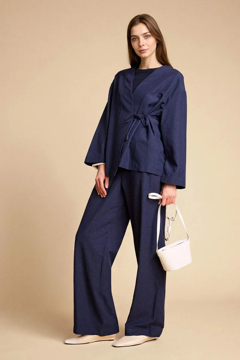 ديفاكتو Wide Leg Blended Linen Trousers