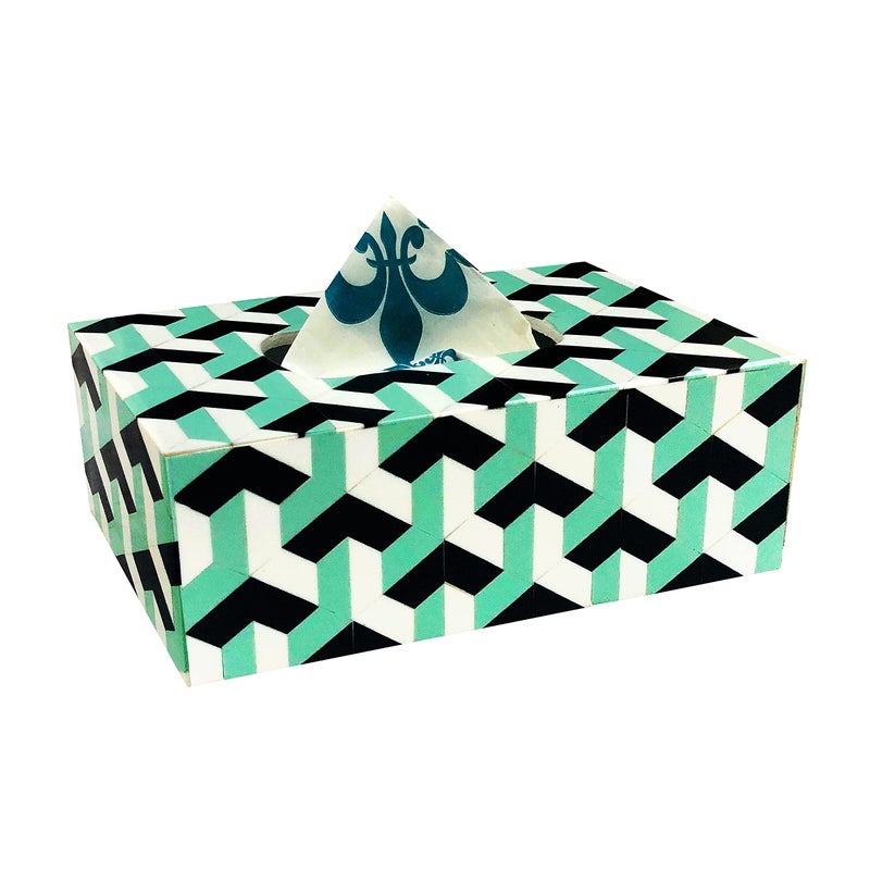 ShopMeFast Handcrafted Abstract Design Resin Wooden Tissue Box Holder for Home and car, Tissue Dispenser for Bathroom, Tissue Box Holder for Dining Table, Housewarming Gift Ideas (3D SeaGreen White Black) - Image 2