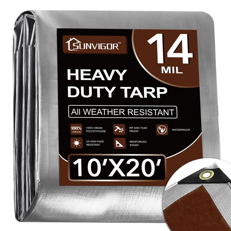 Sunvigor Tarp Waterproof 10x20Ft, Heavy Duty Tarp Cover Extra Thick 14 Mil Tear and UV Resistant, Outdoor Tarps with Grommets and Reinforced Edges for Roof, Camping, Patio, Pool, Boat (Silver/Brown) - Image 1