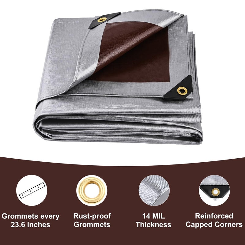 Sunvigor Tarp Waterproof 10x20Ft, Heavy Duty Tarp Cover Extra Thick 14 Mil Tear and UV Resistant, Outdoor Tarps with Grommets and Reinforced Edges for Roof, Camping, Patio, Pool, Boat (Silver/Brown) - Image 4