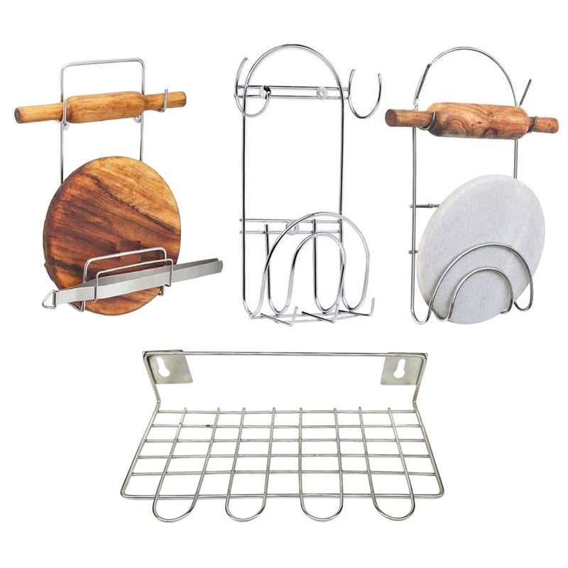 JISUN Stainless Steel Wall Mounted Ladle Stand Wall Mounted Chakla Belan Stand Pack of 3 for Kitchen Silver  - Image 1