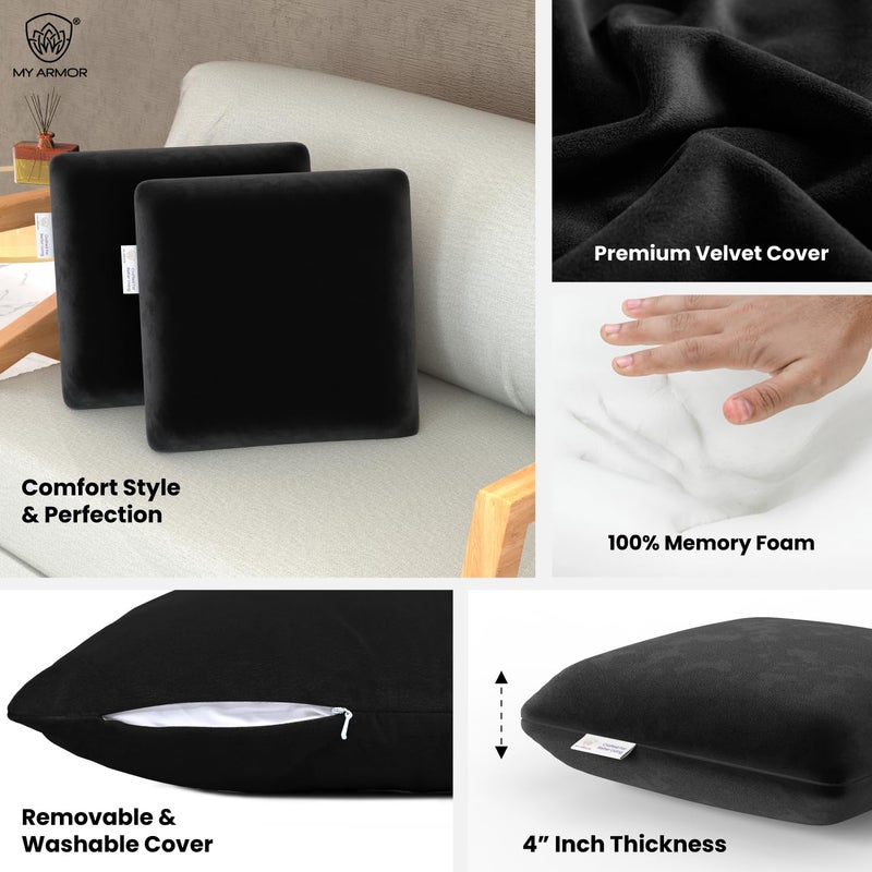 MY ARMOR Memory Foam Square Cushion for Car SofaDiwan Bed Chair Decoration Highly Durable Hypoallergenic Velvet Cover Black Pack of 2 14x 14 x 4 - Image 2