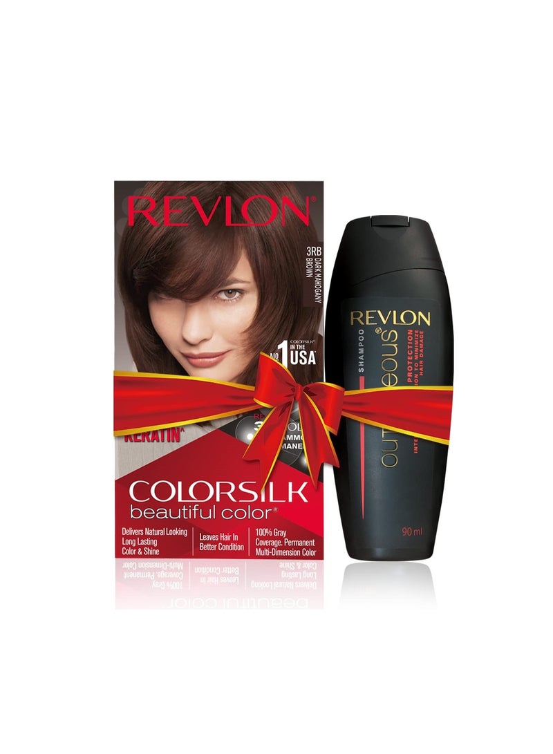 REVLON ColorSilk Hair Color with Keratin - 3RB Dark Mahogany Brown - (with Outrageous Shampoo 90 ml) - Image 1