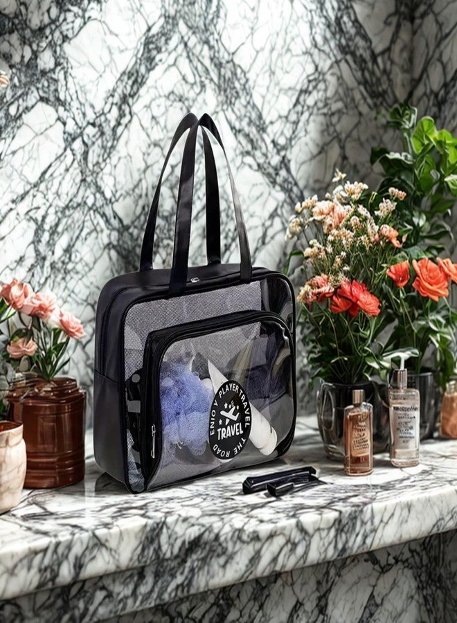 Gowloz Large Transparent PVC & PU Travel Bag - Black Multipurpose Tote (Pack of 1) | Waterproof Clear Handbag for Makeup, Toiletries, Gym & Travel Essentials - Image 4