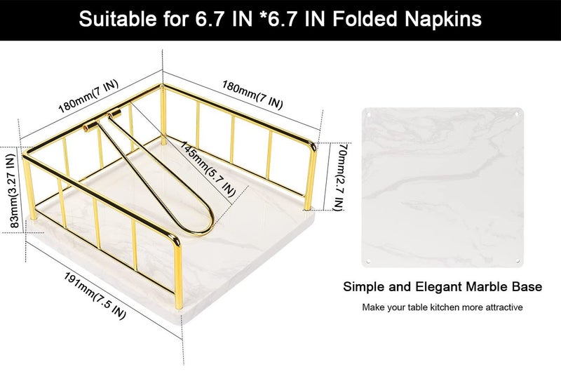 Livabber Flat Napkin Holder, Metal Kitchen Napkin Storage with Weighted Tension Arm Rustic Tissue Paper Dispenser for Countertop, Table Kitchen, Dining Room (With Marble Base, Gold) - Image 2