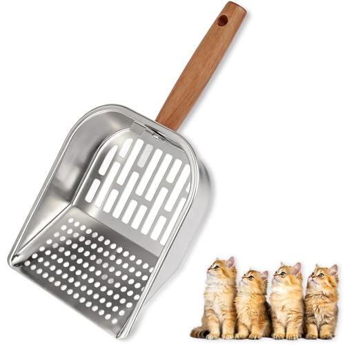 AFOLOREET Litter Scooper Metal Litter Scoop Pooper Scooper with Wooden Handle Cat Litter Scoop Metal Scooper Speed Sifter Deep Shovel Scoop Filter for Litter Box Easy Assembly - Image 1