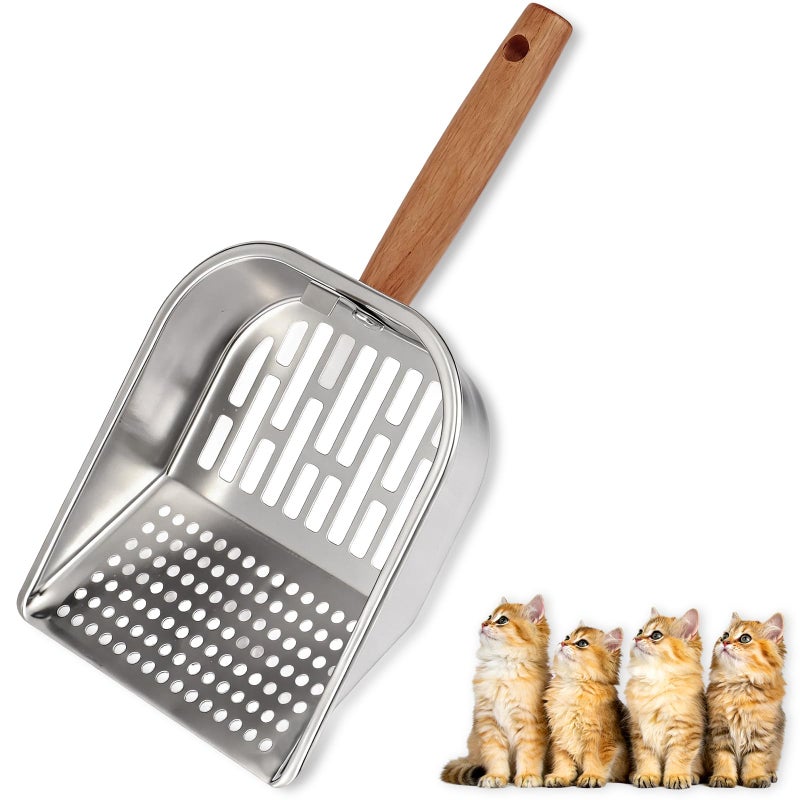 AFOLOREET Litter Scooper Metal Litter Scoop Pooper Scooper with Wooden Handle Cat Litter Scoop Metal Scooper Speed Sifter Deep Shovel Scoop Filter for Litter Box Easy Assembly - Image 2