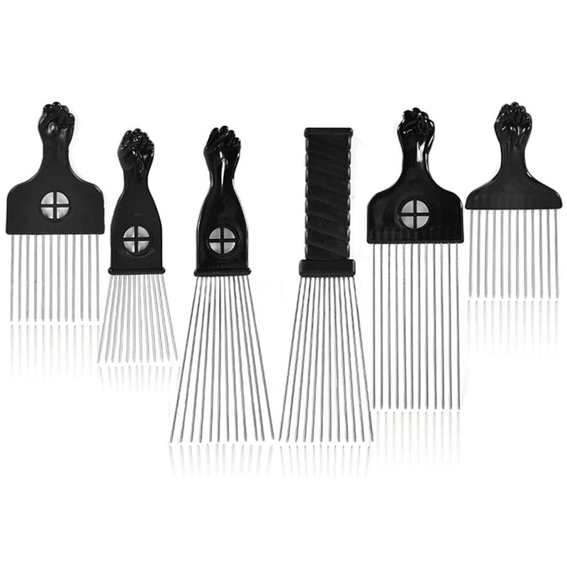 6 Pack Curly Afro Hair Metal Hair Picks Metal Tool Hair Combs for Men Women Afro Wigs Black