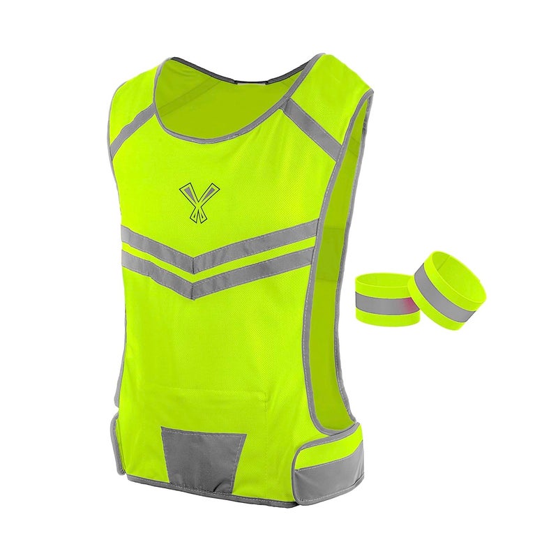 247 Viz Running Reflective Vest with Inside Pocket and 2 Bands, High Visibility Reflective Running Gear Safety Vest Straps for Men Women Kids for Night Running Walking Cycling Yellow - Image 1