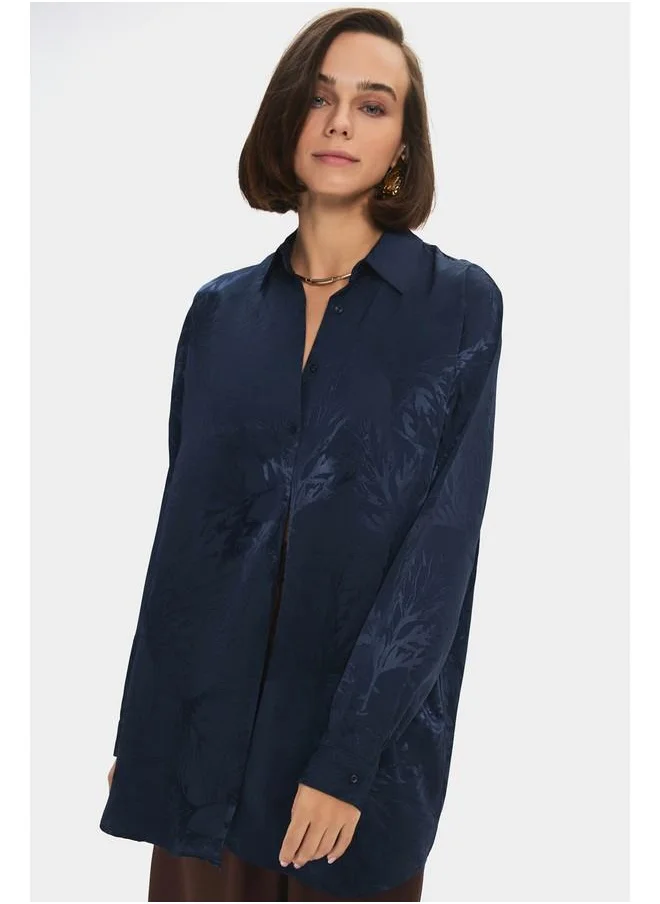 جون June Women Oversize/Loose Fit Viscose Blend Self-Fited Shirt Navy