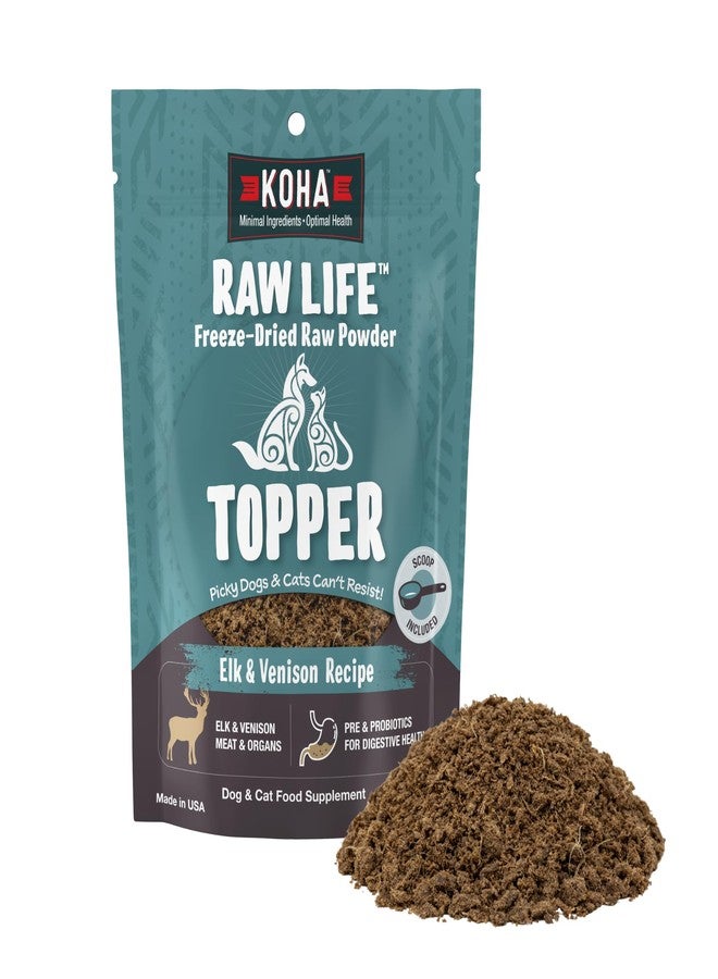 KOHA Raw Life Freeze-Dried Raw Topper Elk & Venison for Dogs and Cats, High Protein Meal Topper for Picky Eaters with Probiotics, 8oz Bag - Image 1