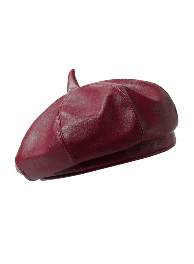 Leather beret, vintage solid color painter, personalized spring/summer sun hat for girls to wear when going out(Red) - Image 1