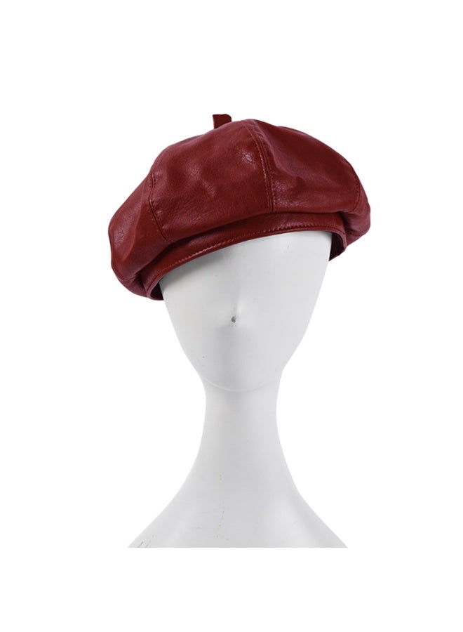 Leather beret, vintage solid color painter, personalized spring/summer sun hat for girls to wear when going out(Red) - Image 4
