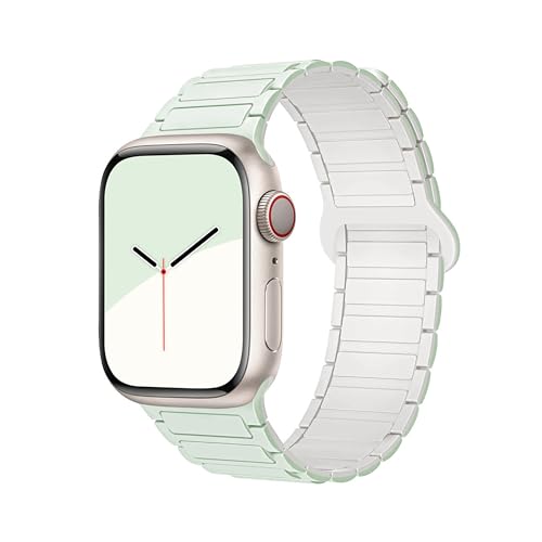 GUOi® Magnetic Silicone Watchband Compatible with Apple Watch Ultra 2＆Ultra 49mm 45mm 44mm 42mm 46mm-Men&Women Strap for iWatch Se10/9/8/7/6/5/4/3/2/1 SE 46/44/45/49/42mm(Series 3/2/1)-Mint+White - Image 1
