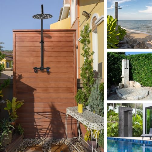 Aolemi Outdoor Shower Kit - Double Handle Exposed Shower with 8 Inch Rainfall Shower Head - Adjustable Height - Matte Black - Image 4