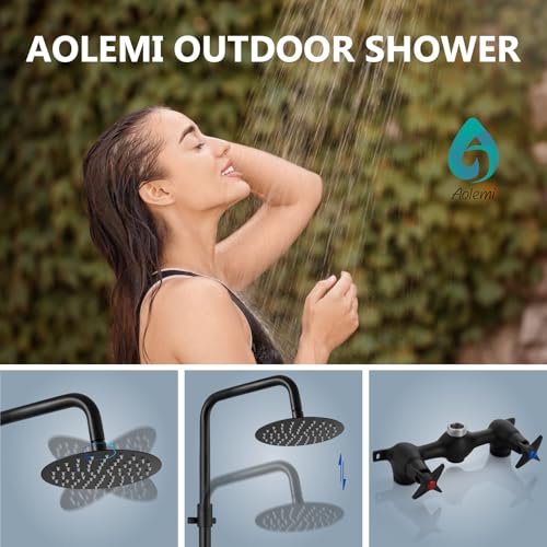 Aolemi Outdoor Shower Kit - Double Handle Exposed Shower with 8 Inch Rainfall Shower Head - Adjustable Height - Matte Black - Image 2