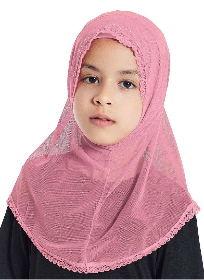 Loquat - Girl's Stretch Long Scarf Solid Color Lace Hijab Dusty Pink - Image 1