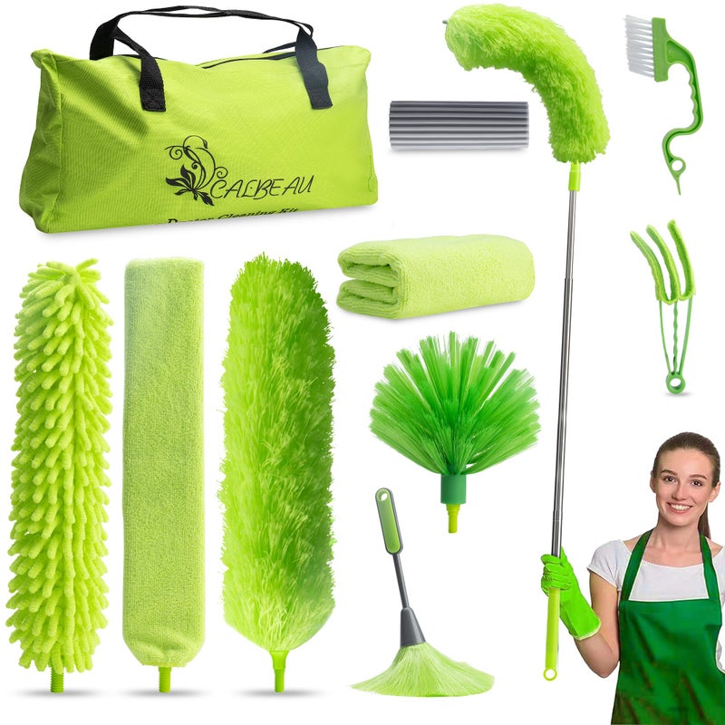 CALBEAU Microfiber Duster with Extension Pole 30 to 100'', Bendable Reusable Washable Feather Dusters for Cleaning High Ceiling Fan, Cobweb, Blinds, Keyboard, Furniture & Cars, Green Gift for Women (11 PCS) - Image 1