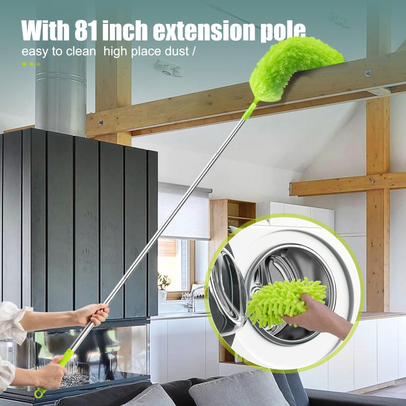 CALBEAU Microfiber Duster with Extension Pole 30 to 100'', Bendable Reusable Washable Feather Dusters for Cleaning High Ceiling Fan, Cobweb, Blinds, Keyboard, Furniture & Cars, Green Gift for Women (11 PCS) - Image 4