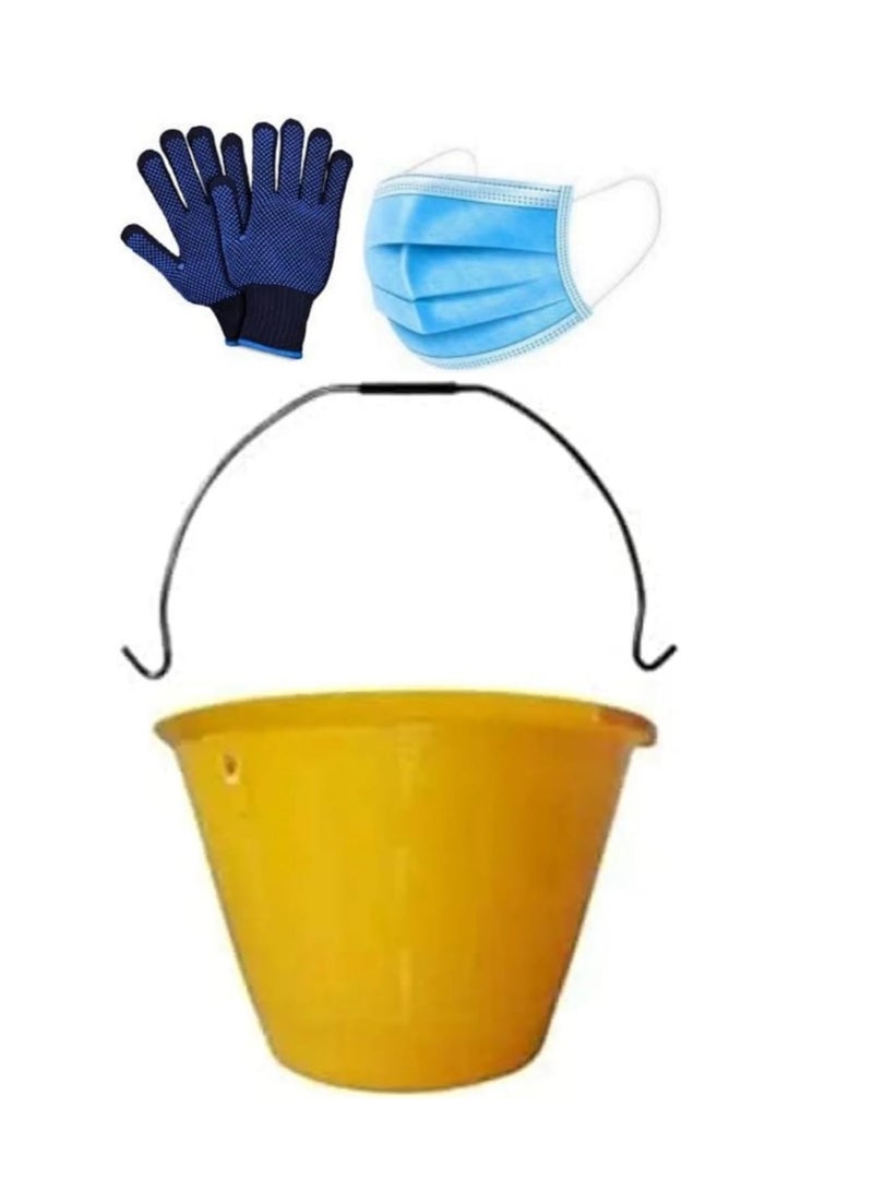 ABBASALI PVC Light Weight Bucket with Handle for Outdoor Gardeners,Construction Field etc With 3 Pair Gloves & 20Pcs Face Mask (2, YELLOW)  - Image 1