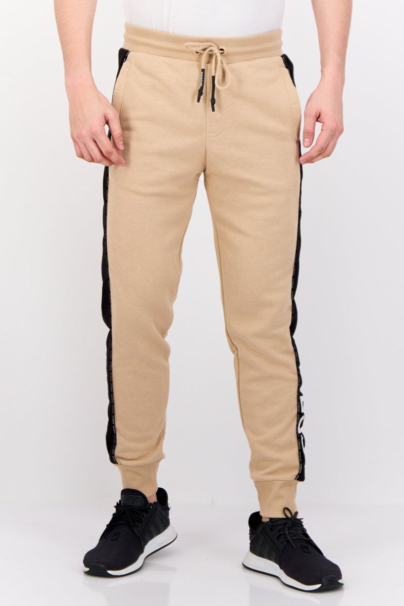 GUESS Men Regular Fit Brand Logo Jogger Pants, Beige  - Image 1