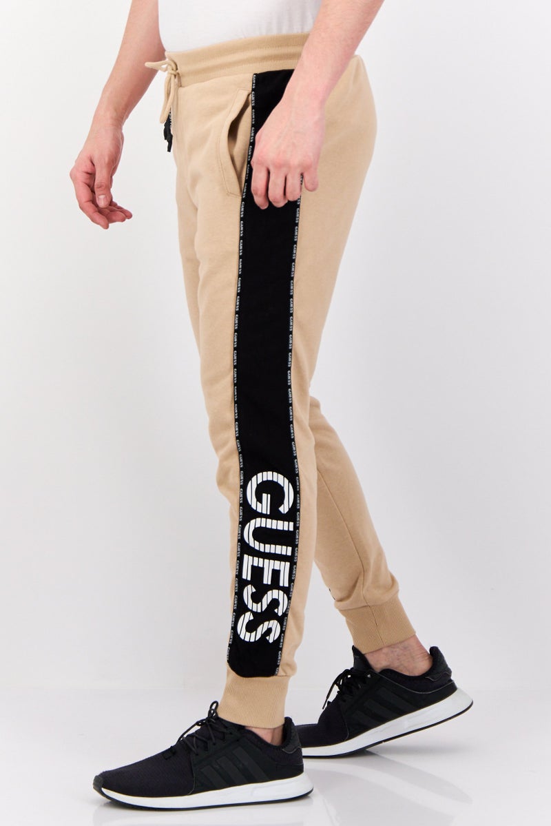 GUESS Men Regular Fit Brand Logo Jogger Pants, Beige  - Image 3