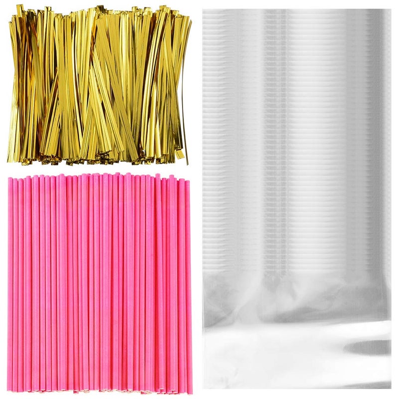 400Pcs DIY Candy Cake Set 100Pcs Pink Paper Sticks, 100Pcs Lollipop Bag, 200Pcs Gold Silk Ties For Lollipops, Cake Lollipops, Candy And Biscuit Ties - Image 1