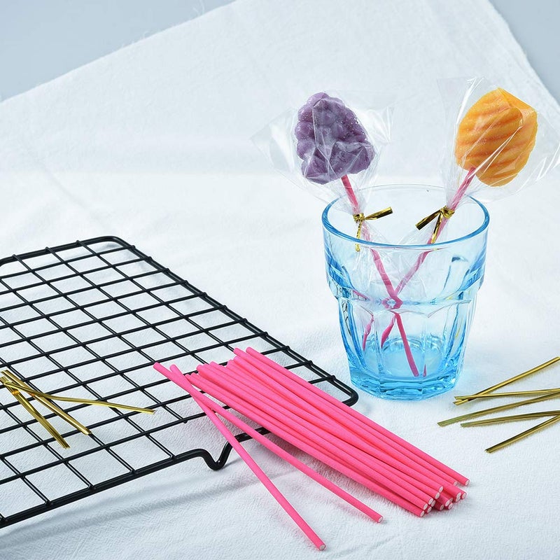 400Pcs DIY Candy Cake Set 100Pcs Pink Paper Sticks, 100Pcs Lollipop Bag, 200Pcs Gold Silk Ties For Lollipops, Cake Lollipops, Candy And Biscuit Ties - Image 5