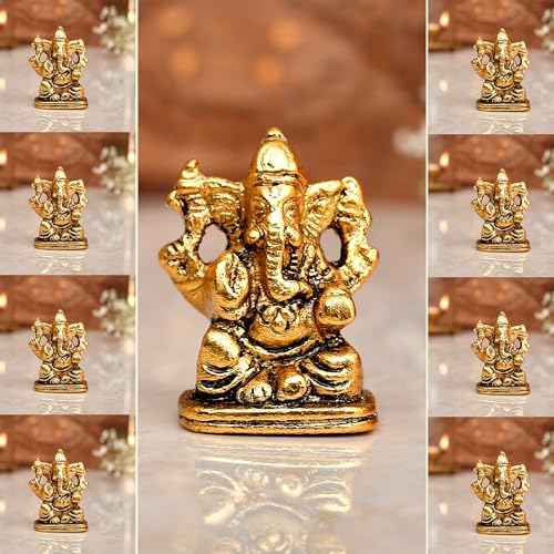 CraftVatika Metal Ganesh Idol Set of 10 for Diwali Decoration Item - Ganesha for Car Dashboard Small Ganpati Statue Figurine Murti for Home Office, Tabledesk Diwali Gift Items (Golden 4.5 CM Height) - Image 1