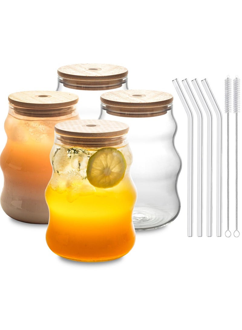 KASTWAVE Ribbed Drinking Glass Cups With Straws With Lids Set, Water Glasses Set Of 4, Wave Bubble Glasses, 18 oz Aesthetic Iced Coffee Glasses, Ripple Drink Cups - Image 1