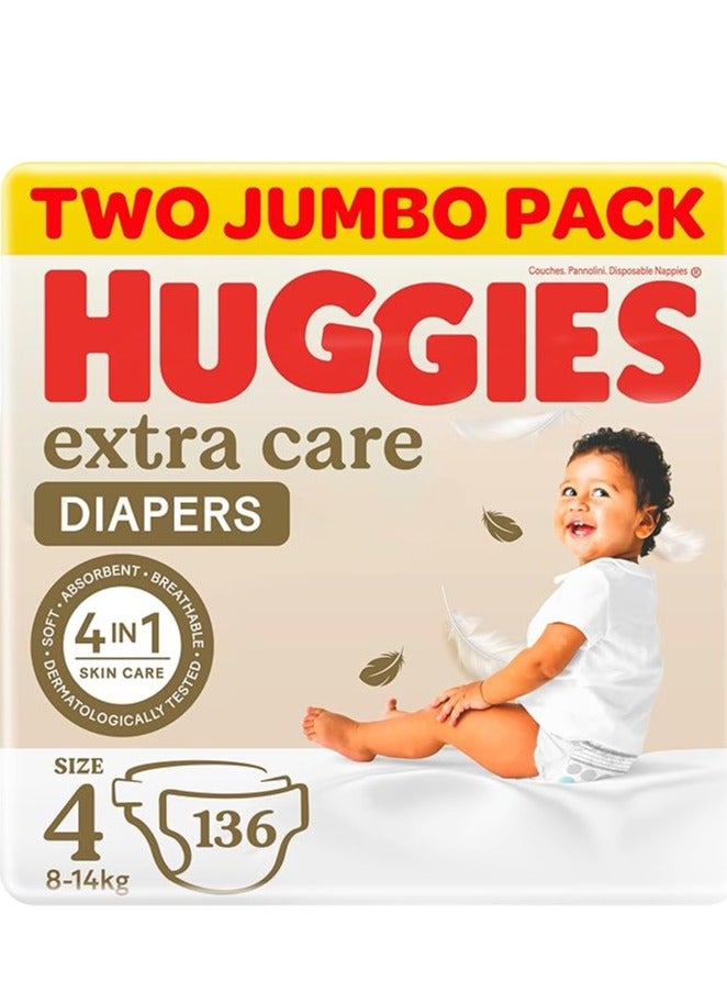 هجيز Huggies Extra Care, Size 4, 8 -14 kg, Twin Jumbo Pack, 136 Diapers - Image 1