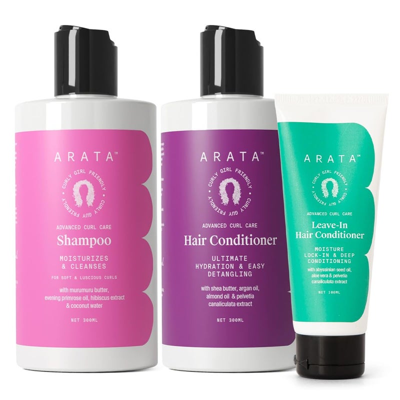 Arata Curl Enhancing Combo of 3  Shampoo 300 ML RinseOut Conditioner 300 ML  LeaveIn Conditioner 100 ML  for Dry Frizzy Wavy Curly Coily Hair  No SulphateParabenSilicone - Image 1