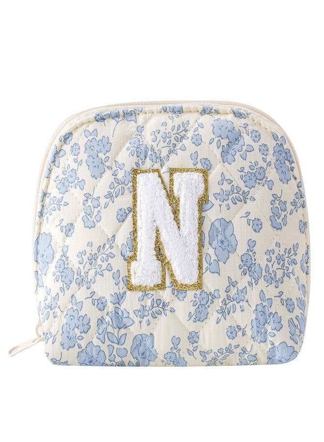 WHHJM Initial Dome Cosmetic Makeup Bag Small Cotton Quilted Makeup Pouch for Purse Cute Blue Floral Travel Toiletry Zipper Pouch (Blue Floral N) - Image 1