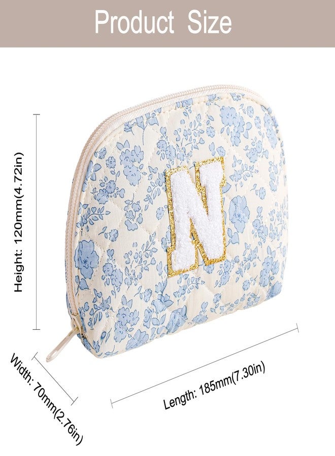 WHHJM Initial Dome Cosmetic Makeup Bag Small Cotton Quilted Makeup Pouch for Purse Cute Blue Floral Travel Toiletry Zipper Pouch (Blue Floral N) - Image 5