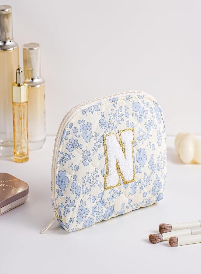 WHHJM Initial Dome Cosmetic Makeup Bag Small Cotton Quilted Makeup Pouch for Purse Cute Blue Floral Travel Toiletry Zipper Pouch (Blue Floral N) - Image 2