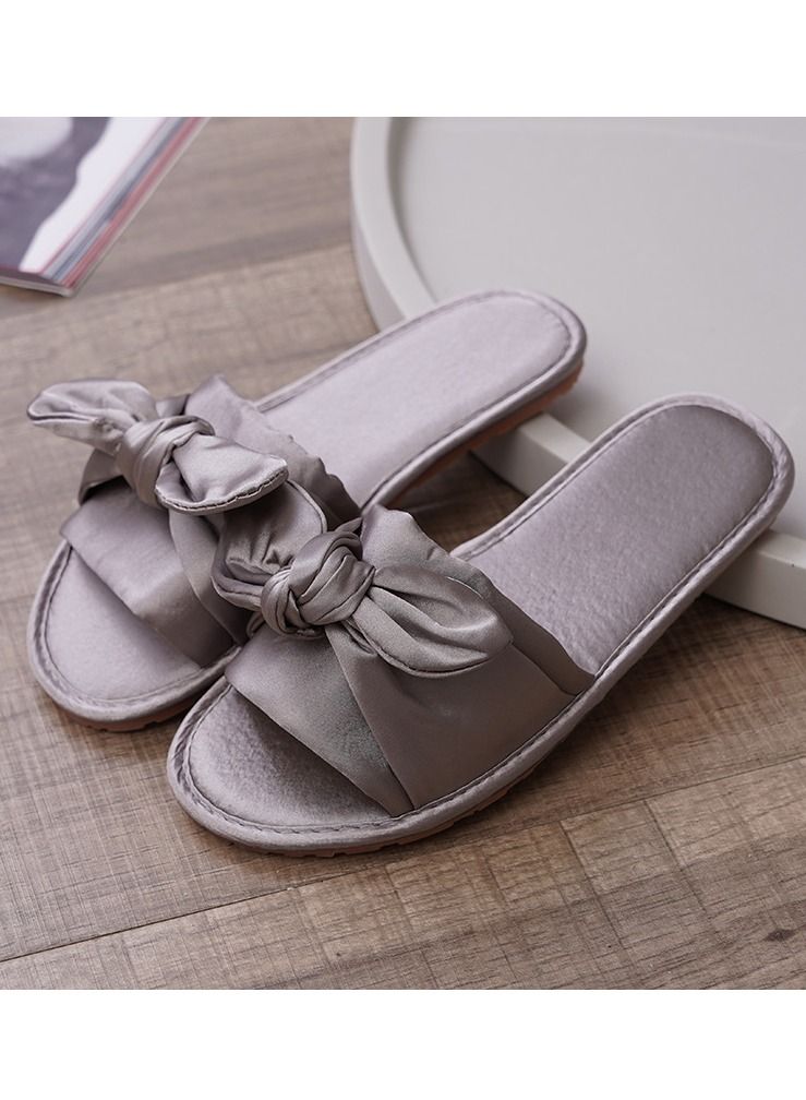 Loquat Women's Solid Color Bowknot Satin Non Slip Slippers Indoor Flat Slippers Grey