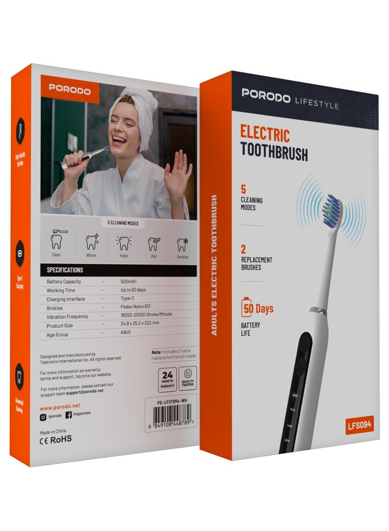 بورودو فرشاة أسنان كهربائية لايف ستايل مع 5 أوضاع تنظيف وفرشاتين بديلتين / عمر بطارية 50 يومًا / شعيرات عالية الجودة / تنظيف متقدم / واجهة شحن من النوع C - أبيض - Image 4
