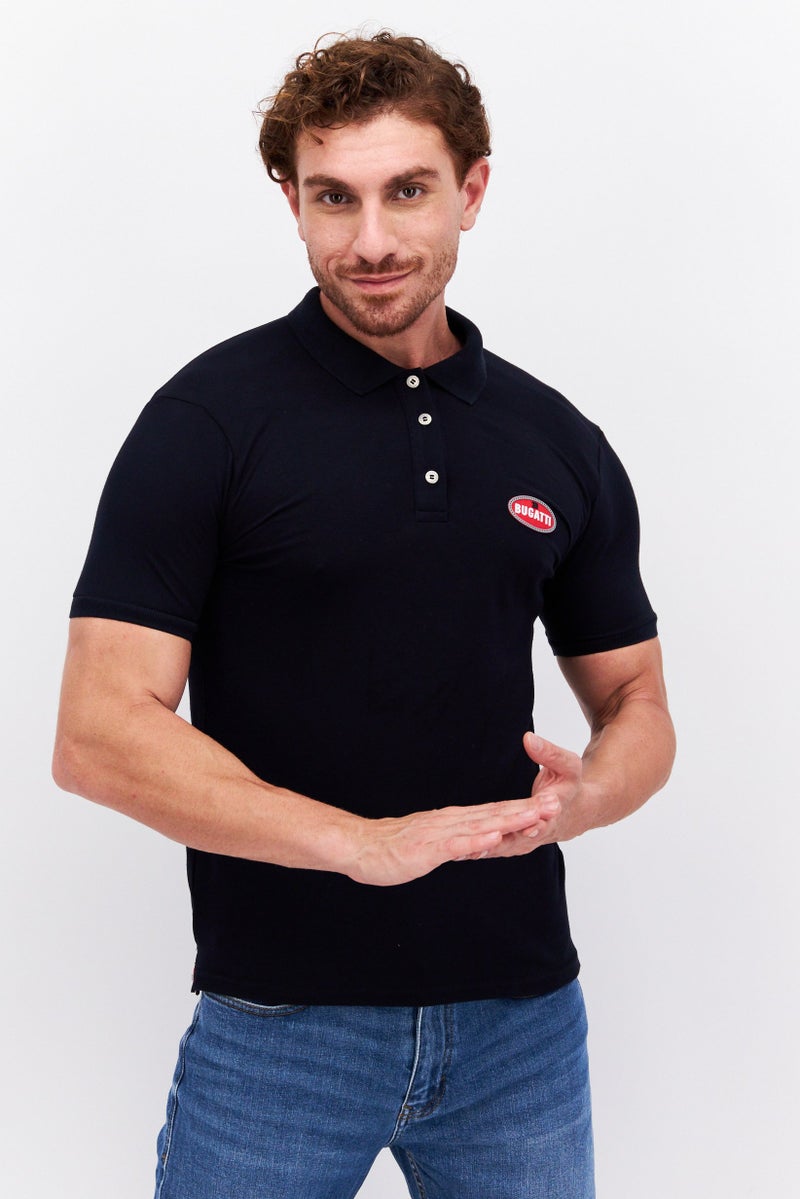 Bugatti Men Regular Fit Brand Logo Short Sleeve Polo Shirt, Navy Blue - Image 1