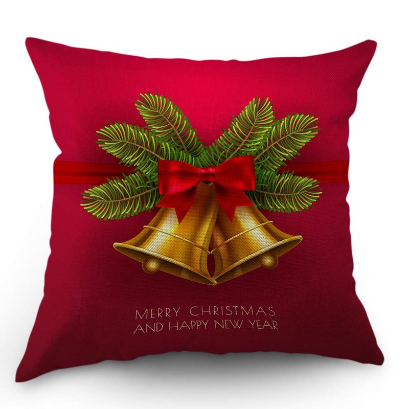 Moslion Bell Pillows Decorative Throw Pillow Cover Christmas Jingle Bells Mistletoe Tree Leaves Pillow Case 18x18 Inch Cotton Linen Canvas Happy Father's Day Square Cushion Cover Sofa Bed Red
