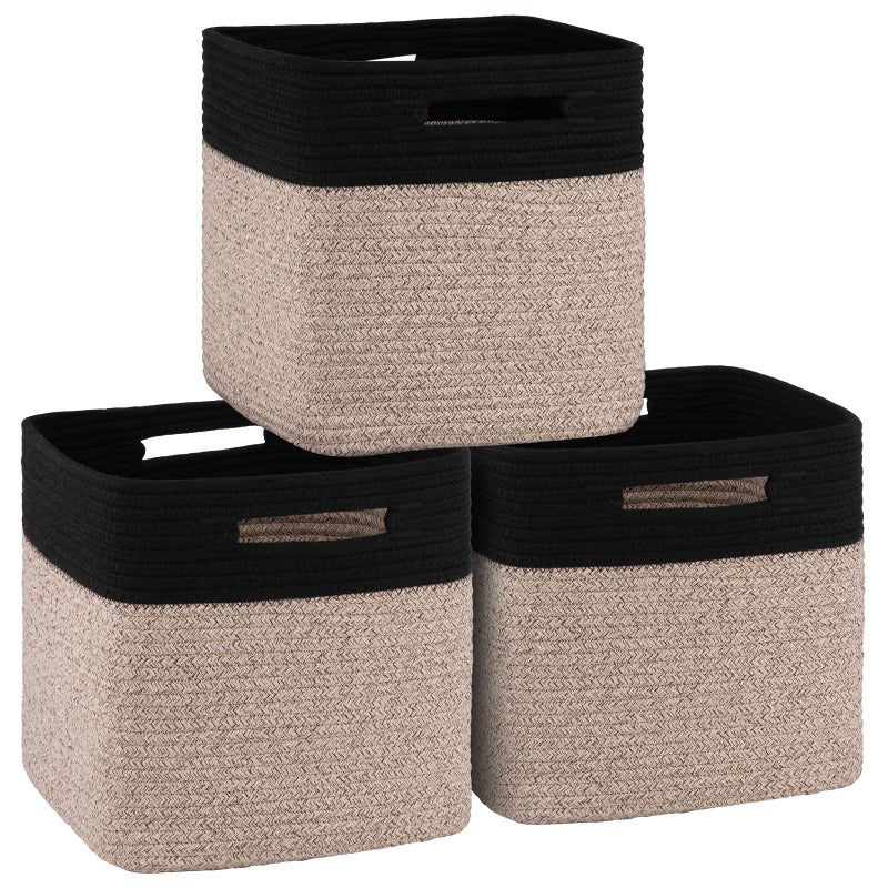 OIAHOMY Cube Storage Basket, 3-Pack Woven Cotton Rope Baskets for Storage, 11-Inch Cube Basket with Handles, Great for Shelves, Closets, Children's Toy Storage and Organization-Black & Brown - Image 1