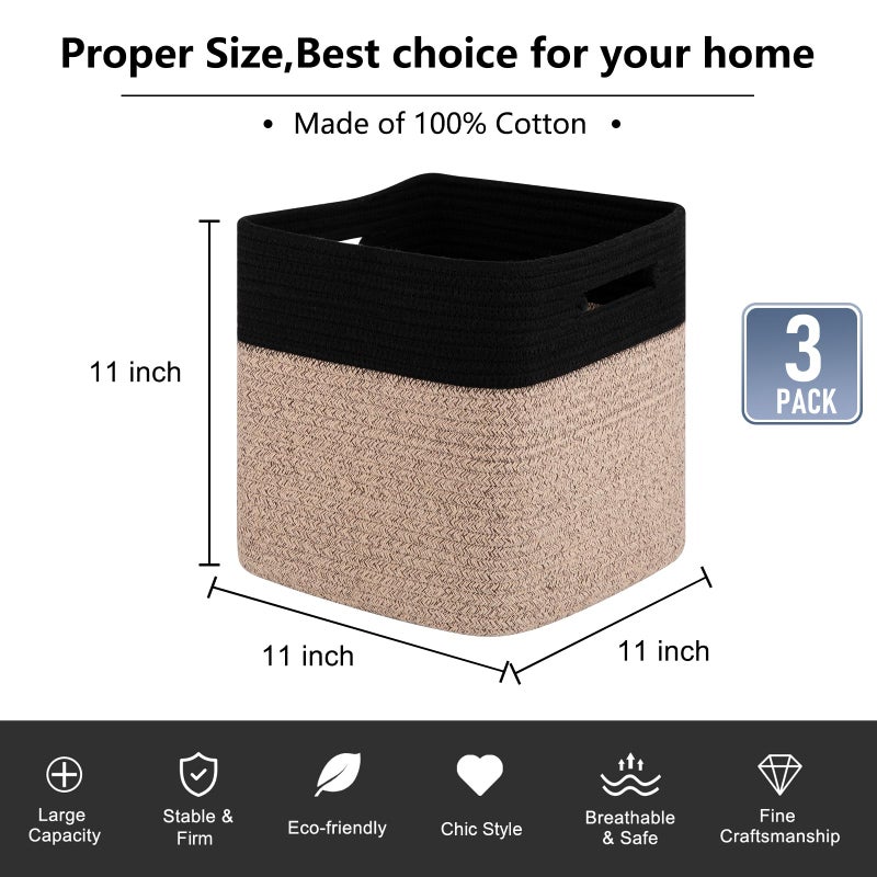 OIAHOMY Cube Storage Basket, 3-Pack Woven Cotton Rope Baskets for Storage, 11-Inch Cube Basket with Handles, Great for Shelves, Closets, Children's Toy Storage and Organization-Black & Brown - Image 3