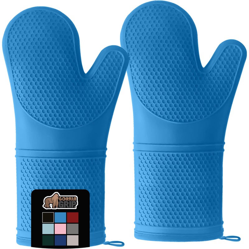 GORILLA GRIP Heat Resistant Durable Long Silicone Oven Mitts 145x83 BPAFree Protective Grilling Potholders Soft Cotton Lining Flexible Waterproof Cooking Mitt Set Kitchen Essentials Aqua